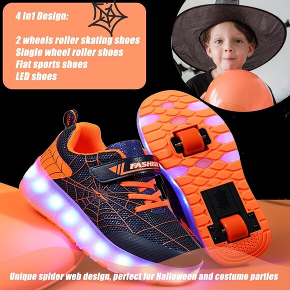 Kid's Girls Orange USB Chargable LED Lighting Roller Wheeled Skate Sneaker Shoes - Picture 5 of 6